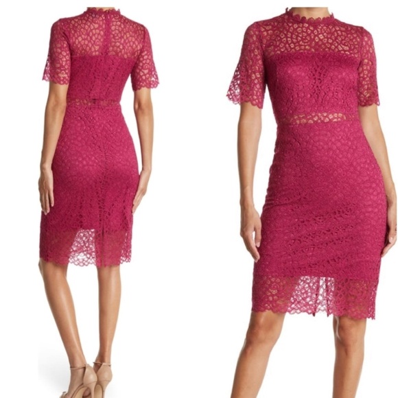 LOVE x Design Lace Sheer Panel Knee Length Sheath Dress Magenta Berry - Picture 1 of 6